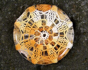 Orange Daisy Mini Paperweight crocheted lace fiber art thread crochet over glass pebble