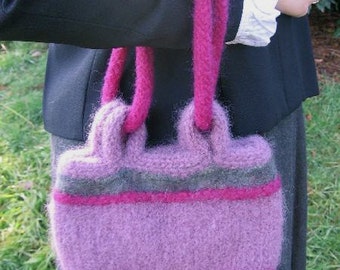 Raspberry, Plum and Mottled Green Felted Knitted Handbag