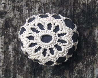 Zigzag Oval Sea Stone Paperweight crocheted lace fiber art thread crochet over stone