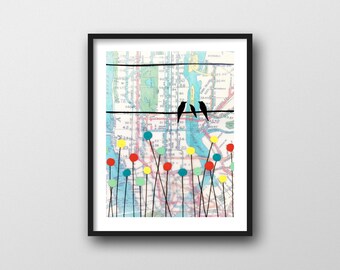 Birds on Wire with New York Map // New Baby Gift for Bird Nursery Art Print 8x10 or 11x14