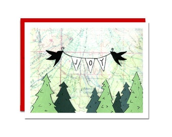 Holiday Art Card Set of 6 with Red Envelopes, Joy Christmas Card, Map Art Blank Inside