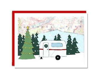 Holiday Camper Card Set of 6 with Red Envelopes, Camping Christmas Card, Map Art Blank Inside