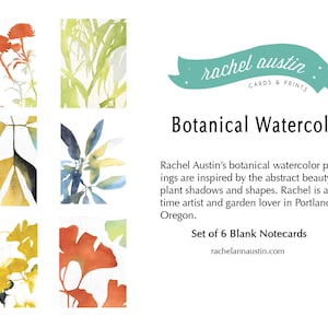 May include: Set of six blank notecards featuring watercolor botanical illustrations. The cards feature a variety of leaves and flowers in shades of green, yellow, blue, and red. The cards are perfect for sending handwritten notes or creating your own unique greeting cards.