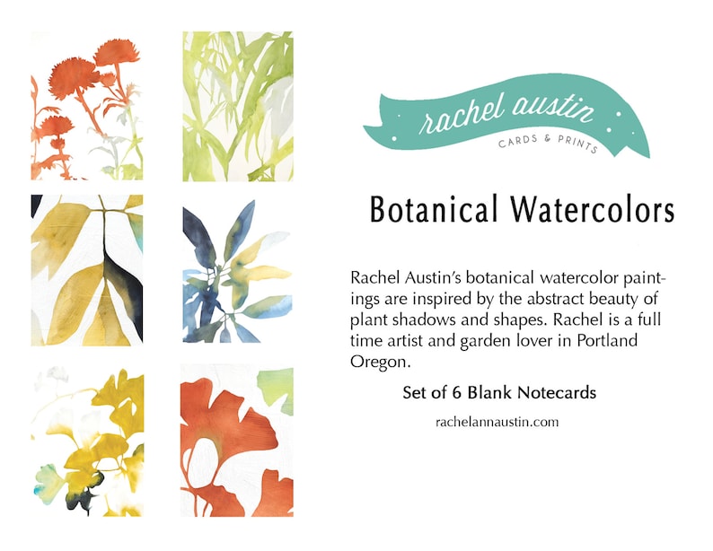 May include: Set of six blank notecards featuring watercolor botanical illustrations. The cards feature a variety of leaves and flowers in shades of green, yellow, blue, and red. The cards are perfect for sending handwritten notes or creating your own unique greeting cards.