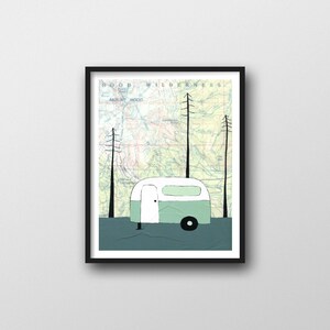 Impression d'art du mont Hood et oeuvre d'art de camping avec remorque, impression d'art 8 x 10 ou 11 x 14 avec carte de l'Oregon