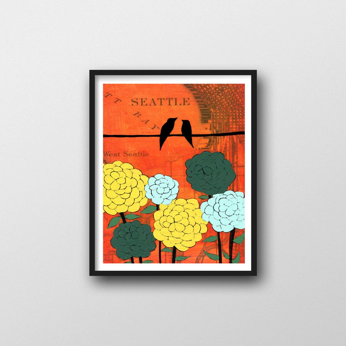 Seattle Map Art Print With Birds and Modern Flower Art // 8x10 Etsy