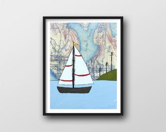 Sailboat Art Print with Vintage Washington Map // Nautical Nursery Decor 8x10 or 11x14 Art Print