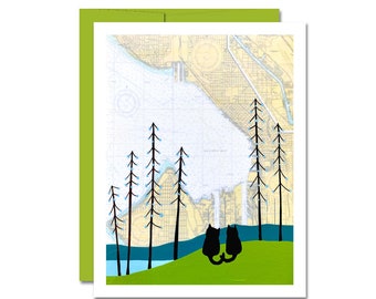 Cute Cat Friend Card / Blank Everyday Notecard with Two Cats and Seattle Map