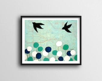 Whimsical Art Birds Print with Blue Circles // 11x14 or 8x10 Map Art Print by Rachel Austin