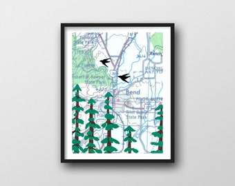 Tree Print with Vintage Bend Oregon Map, 8x10 or 11x14 Fir Tree Art Print by Rachel Austin