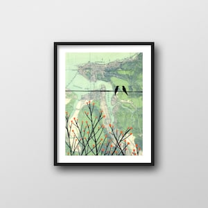 Astoria Oregon Map with Birds and Flowers / 8x10 or 11x14 Map Art Print
