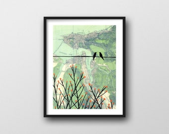 Astoria Oregon Map with Birds and Flowers / 8x10 or 11x14 Map Art Print