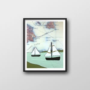 Nautical Map Art Print with California Map // 8x10 or 11x14 Art Print with Sailboats image 1
