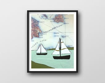 Nautical Map Art Print with California Map // 8x10 or 11x14 Art Print with Sailboats