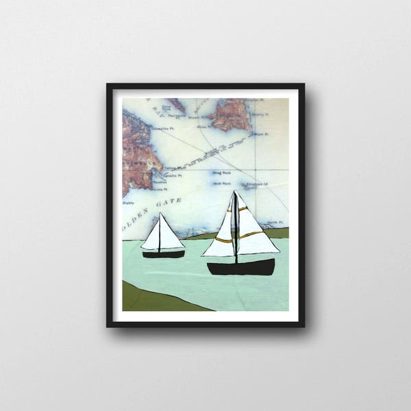 Nautical Map Art Print with California Map // 8x10 or 11x14 Art Print with Sailboats