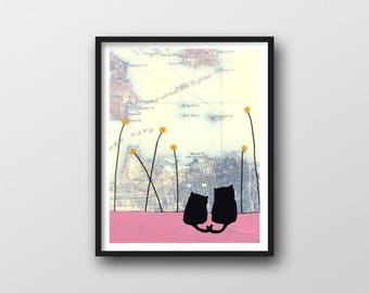 Cute Cat Art Print for Cat Lover Gift // 8x10 or 11x14 Art Print with Map