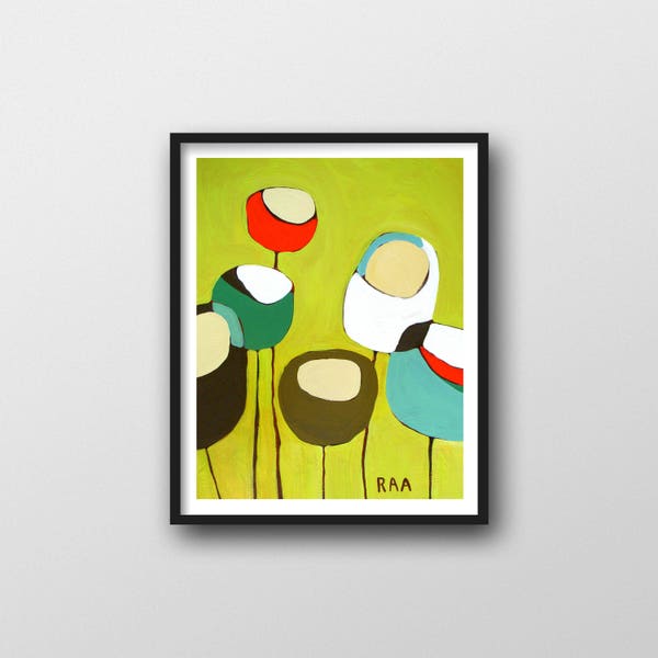 Modern Poppy Print with Green // 11x14 Mid Century Wall Art for Modern Decor