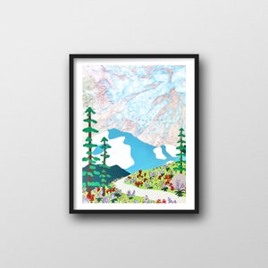 Mount Rainier Wildflower Print with Vintage Rainier Map, 8x10 or 11x14 Mountain Art Print by Rachel Austin