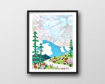 Mount Rainier Wildflower Print with Vintage Rainier Map, 8x10 or 11x14 Mountain Art Print by Rachel Austin