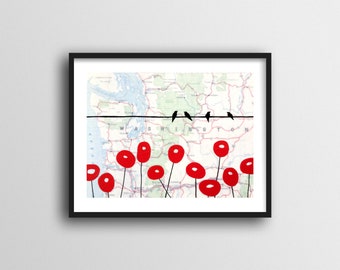 Washington Print with Birds on Wire and Red Poppy Art // 8x10 or 11x14 Art Print Sweet Gift for Family