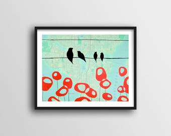 Seattle Print with Birds on Wire and Red Poppy Art // 11x14 or 8x10 Art Print Sweet Gift for Family and Seattle Gift