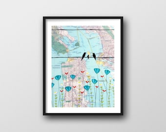 Birds on Wire with San Francisco Map // New Baby Gift for Bird Nursery Art Print 8x10 or 11x14