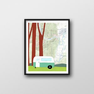 Impression de carte de la forêt nationale avec Camper Airstream Art//impression d'art Rachel Austin 8 x 10 ou 11 x 14