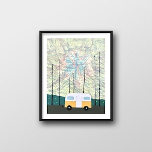 Impression d'art du mont Hood et oeuvre d'art de camping avec remorque, impression d'art 8 x 10 ou 11 x 14 avec carte de l'Oregon