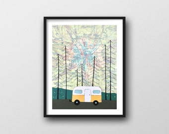 Mt Hood Print and Camping Art with Trailer, 8x10 or 11x14 Art Print with Oregon Map