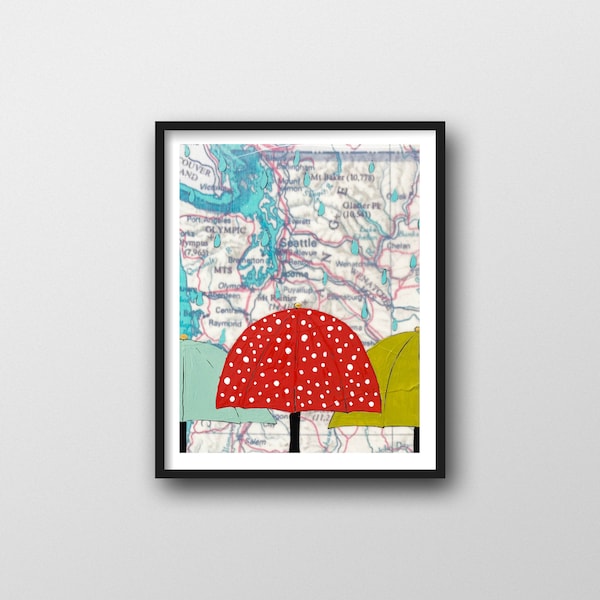 Washington Rain Map Print with Umbrella Art // 8x10 or 11x14 Art Print for Great Washington Gift