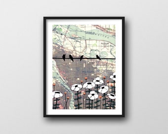 Portland Map Print with Birds on Wire // 8x10 or 11x14 Art Print by Rachel Ann Austin makes Great Portland Gift