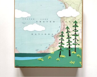 Crater Lake Map Painting / 8x8 Art by Rachel Austin