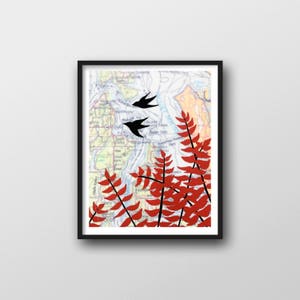 Art mural moderne avec carte de Washington et art des oiseaux//impression d'art 8 x 10 ou 11 x 14 fait un cadeau doux pour Washington ou Seattle