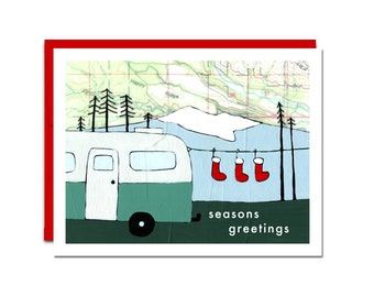 Holiday Camper Card Set of 6 with Red Envelopes, Seasons Greetings Christmas Card, Map Art Blank Inside