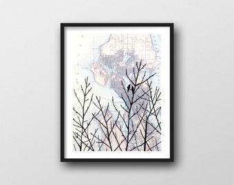 Seattle Map Print with Birds on Branches // 8x10 or 11x14 Art Print by Rachel Austin