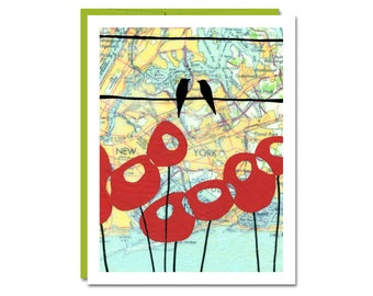 New York Card / Map Card / New York Map / Love Birds / Blank Card / Modern Poppy Card / Birds on Wire Card / Modern Love Card / Map Art