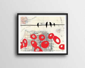San Francisco Print with Birds on Wire and Red Poppies Art // 8x10 or 11x14 Art Print with Map by Rachel Ann Austin