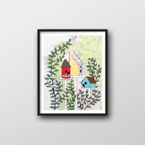 Cute Bird House Decor with Plants and Oregon Coast Map // 8x10 or 11x14 Art Garden Print