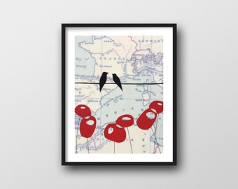 Europe Map Art Print by Rachel Austin / 8x10 or 11x14 Poppy Art Print with Birds on Wire