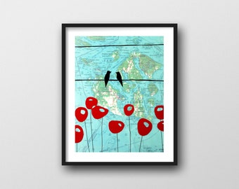 San Juan Islands Print with Birds on Wire and Red Poppy Art // 8x10 or 11x14 Art Print Sweet Gift for Seattle Wedding