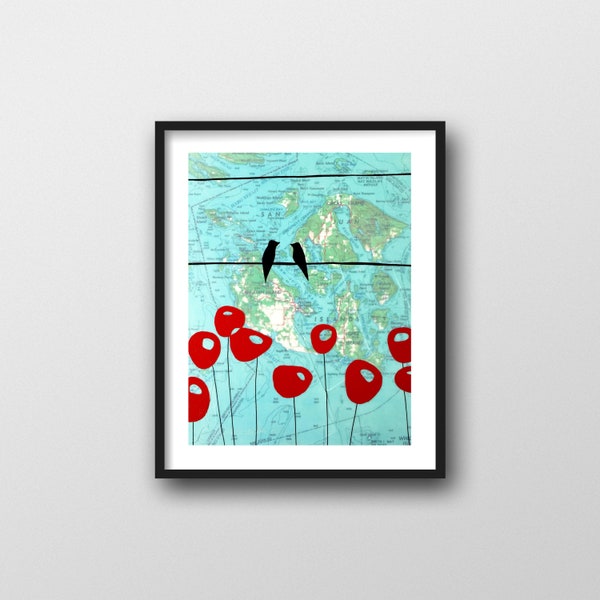 San Juan Islands Print with Birds on Wire and Red Poppy Art // 8x10 or 11x14 Art Print Sweet Gift for Seattle Wedding