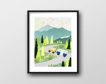 Mountain Camper Print with Vintage Map, 8x10 or 11x14 Vintage Trailer Art Print by Rachel Austin