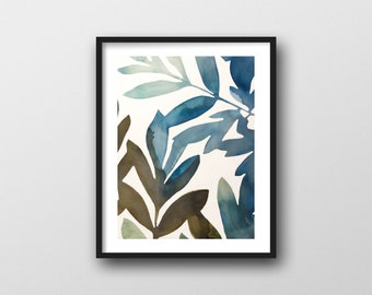 Blue Leaves Watercolor Art Print 11x14 // Great Gardener Gift