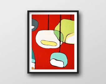 Red Art Print with Abstract Circle Art // 8x10 or 11x14 Print of Hanging Lanterns