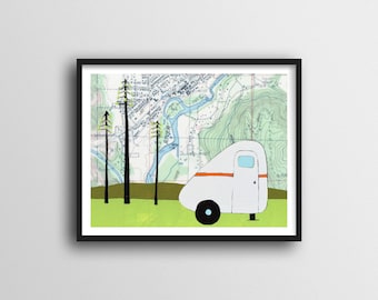 Scamp Trailer Print with Map Art and Camper Art // Washington Art Print 11x14 or 8x10