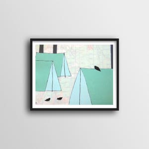 Impression d'art de camping avec de mignons oiseaux et des tentes sur une carte de la forêt// Impression d'art de carte 8 x 10 ou 11 x 14