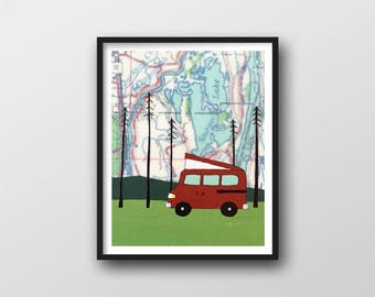 VW Van Art Print // Travel Art for a Camping Gift 8x10 or 11x14 Map Print
