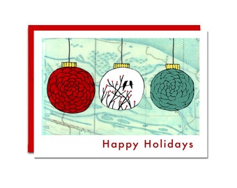 Ornaments Holiday Art Card Set of 6 with Red Envelopes, Happy Holiday Card, Map Art Blank Inside