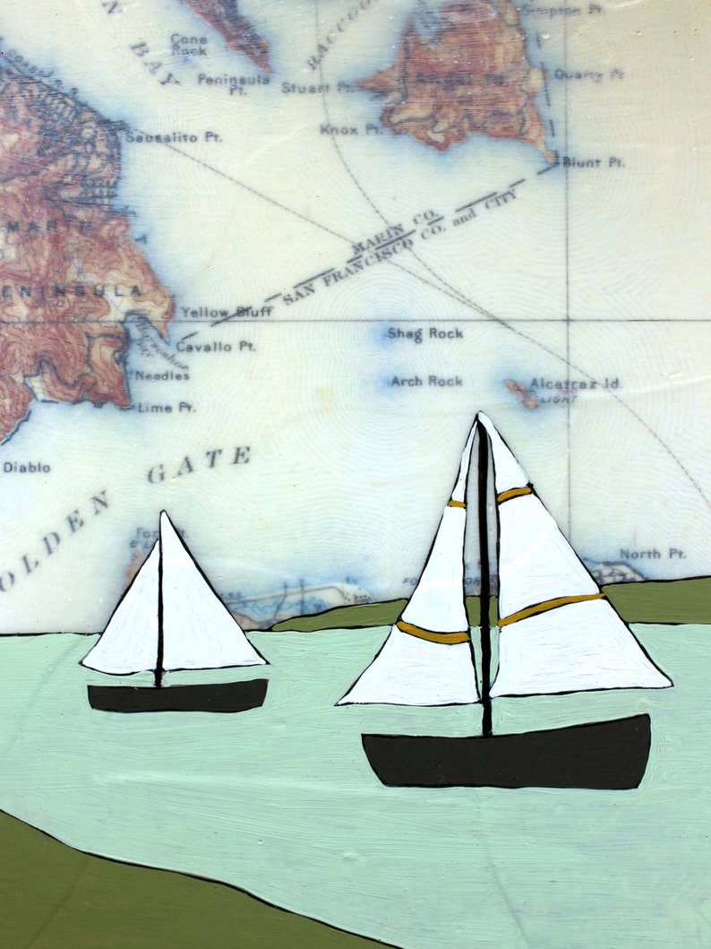 Nautical Map Art Print with California Map // 8x10 or 11x14 Art Print with Sailboats image 2