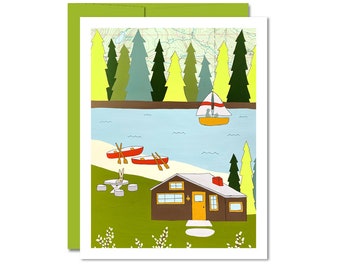 Lake Cabin and Canoes Map Art Card / Everyday Notecard